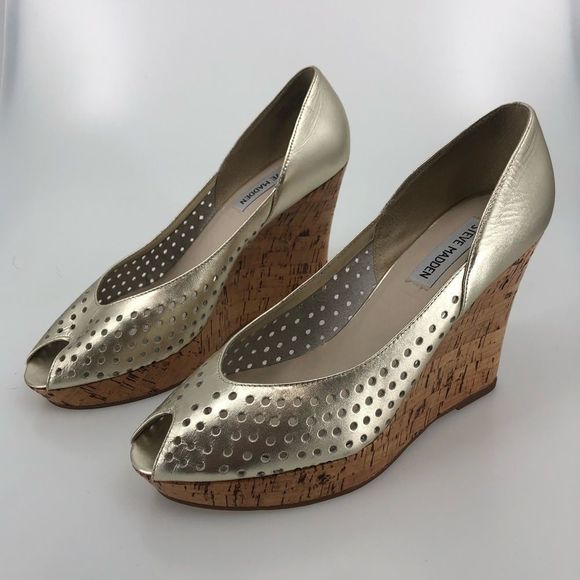 Steve Madden Gold Perforated Cork Wedge Sandals - Picture 1 of 11